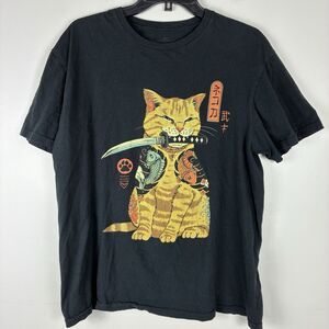 Cat Lovers Samurai Killer Cat  T-Shirt Women L Novelty Black Graphic Tee